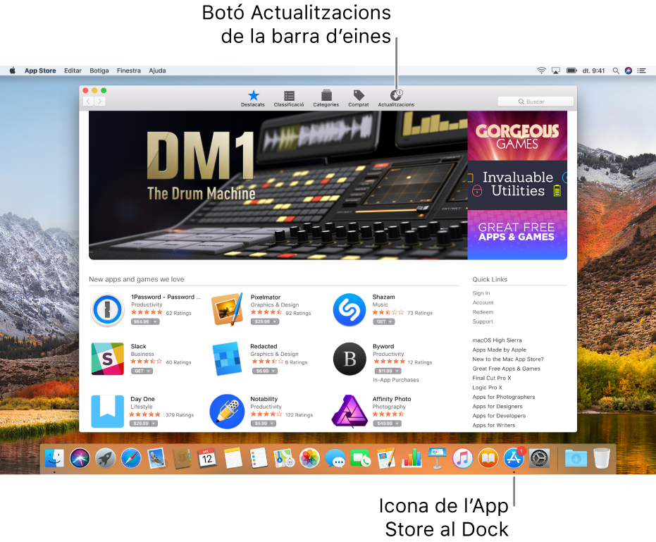 Distintius de la finestra de l’App Store i de la icona de l’App Store al Dock amb el nombre d’actualitzacions disponibles.