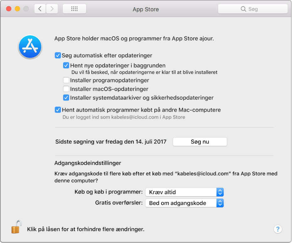 Opdateringsmuligheder i indstillinger til App Store.