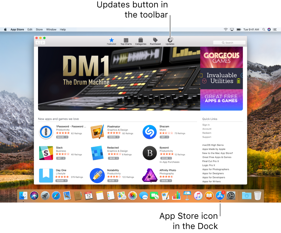 Badges in the App Store window and on the App Store icon in the Dock show that updates are available.