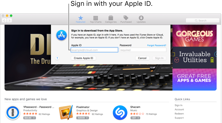 The Apple ID sign in window in App Store.