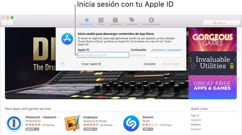 La ventana de inicio de sesión de Apple ID en App Store.