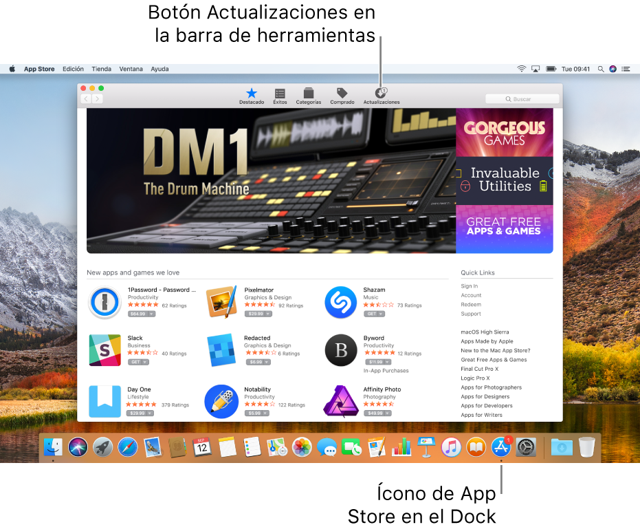 Indicadores en la ventada de App Store, y sobre el ícono de App Store en el Dock, que indican que hay actualizaciones disponibles.