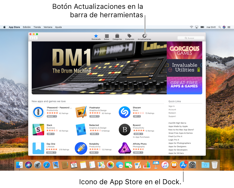 Indicadores en la ventana de la tienda App Store y en el icono de App Store del Dock que muestran el número de actualizaciones disponibles