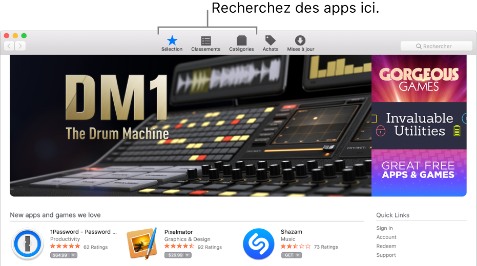Les zones Sélection, Classements et Catégories dans l’App Store.