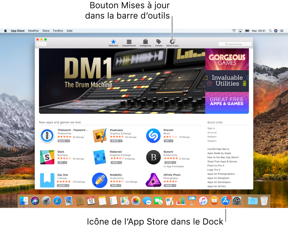 Les pastilles dans la fenêtre de l’App Store et sur l’icône de l’App Store dans le Dock indiquent que des mises à jour sont disponibles.