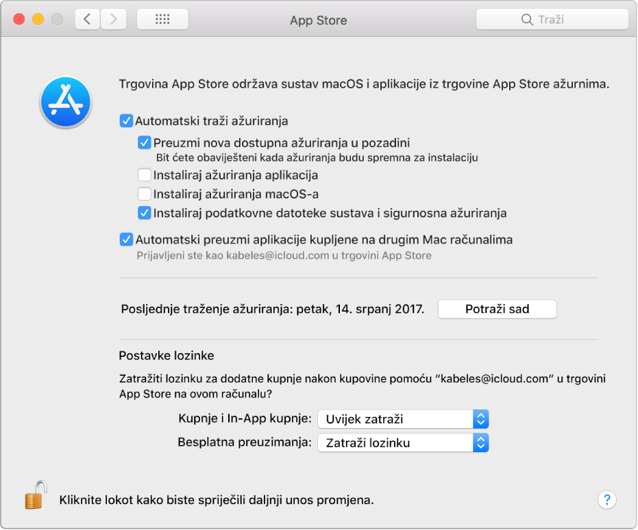 Opcije ažuriranja u postavkama trgovine App Store.