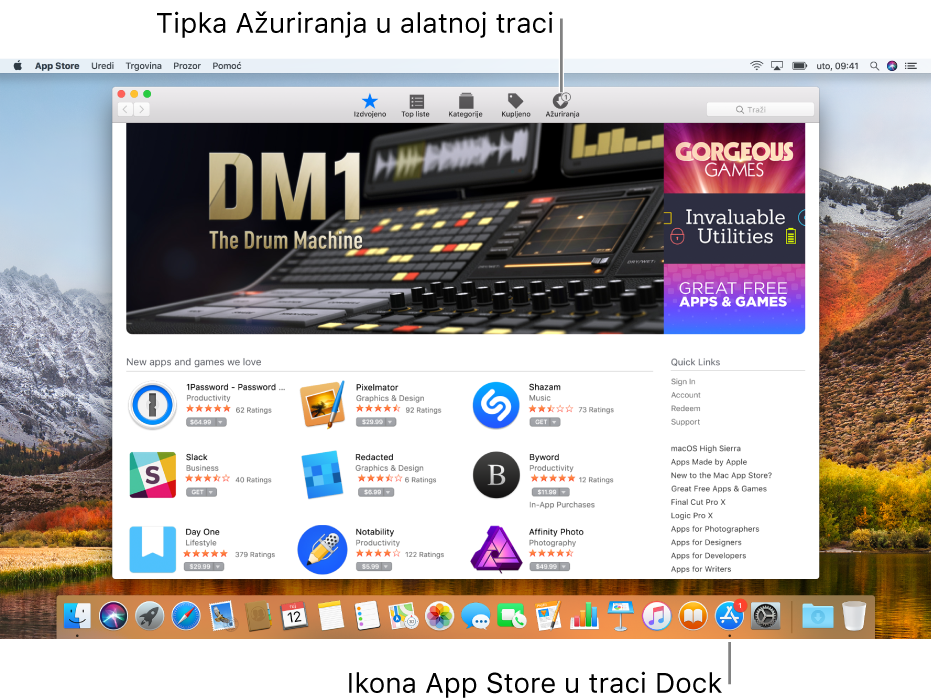 Oznake u alatnoj traci trgovine App Store i na ikoni trgovine App Store u Docku pokazuju da ima dostupnih ažuriranja.