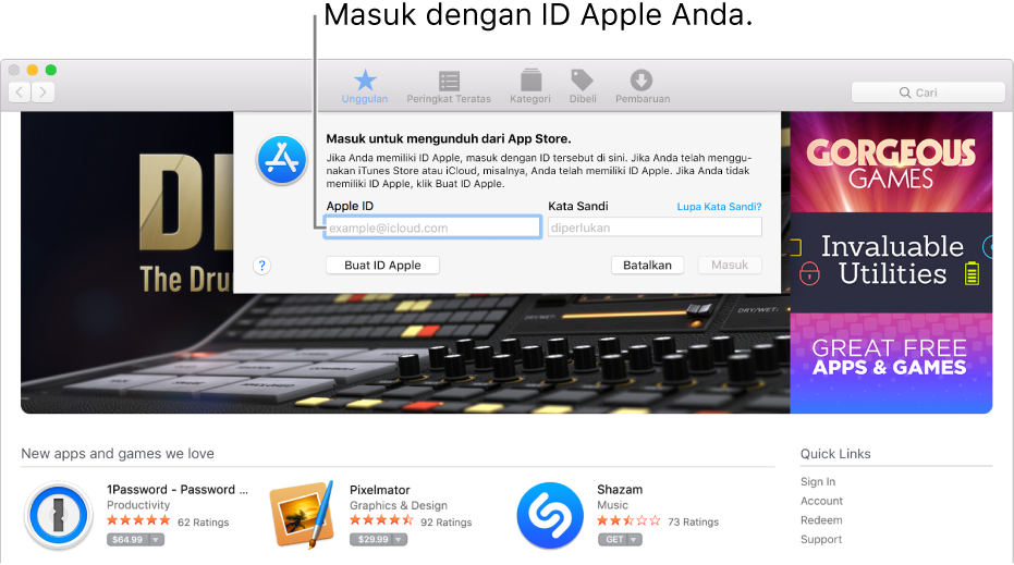 Jendela masuk ID Apple di App Store.