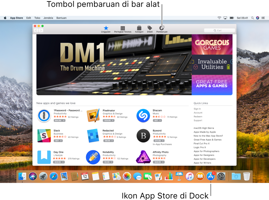 Tanda di jendela App Store dan di ikon App Store di Dock menunjukkan bahwa pembaruan tersedia.