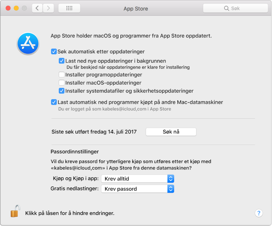 Oppdateringsalternativer i App Store-valgpanelet.