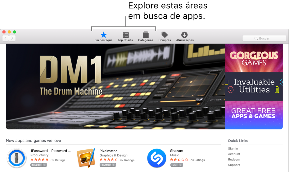 As áreas Destaques, Top Charts e categorias na App Store.