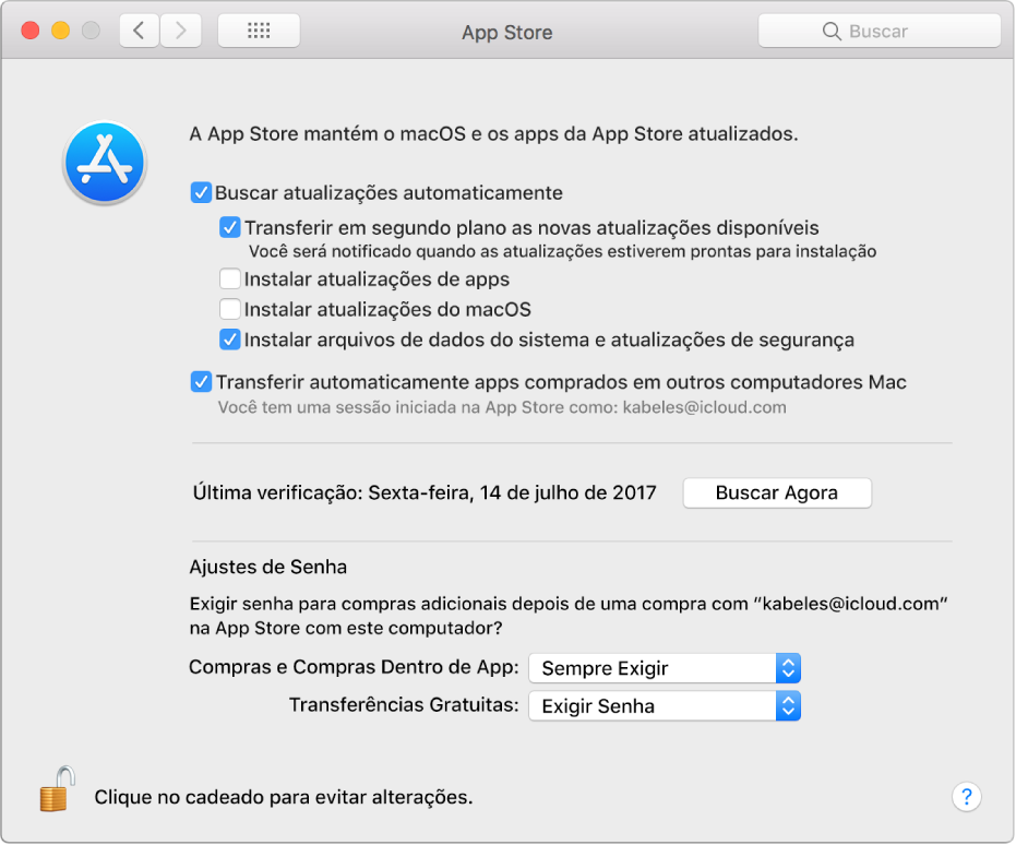 Opções de atualização nas preferências da App Store.