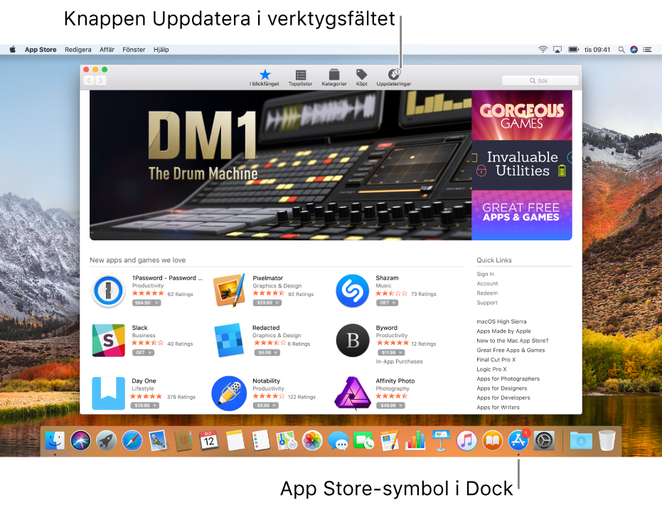 Brickor i App Store-fönstret och på App Store-symbolen i Dock visar att uppdateringar är tillgängliga.
