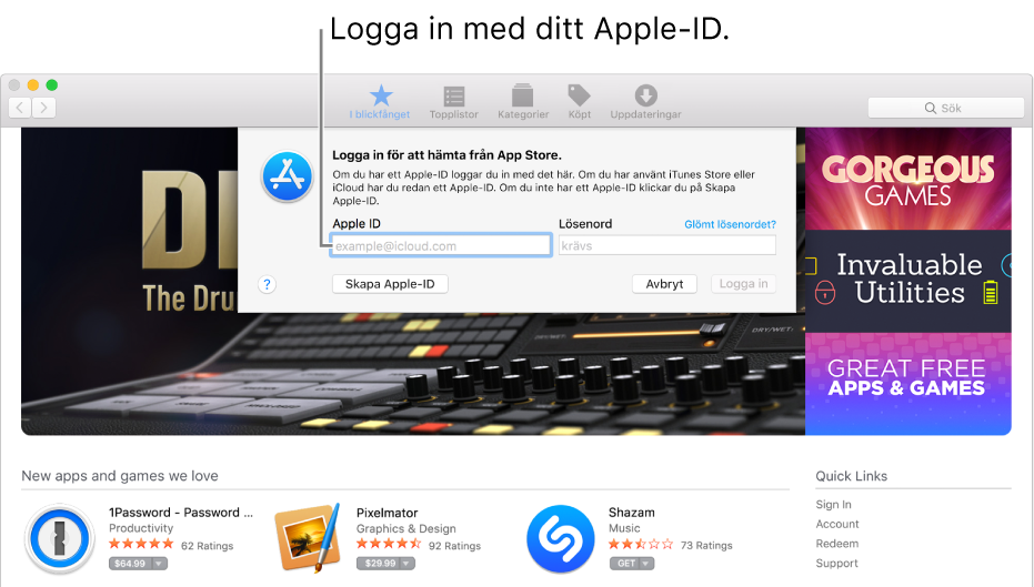 Fönstret för inloggning med Apple-ID i App Store.