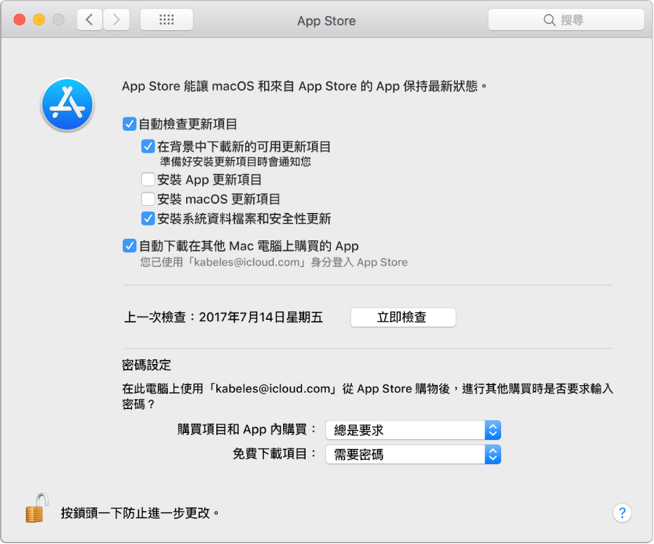 App Store 偏好設定中的更新選項。