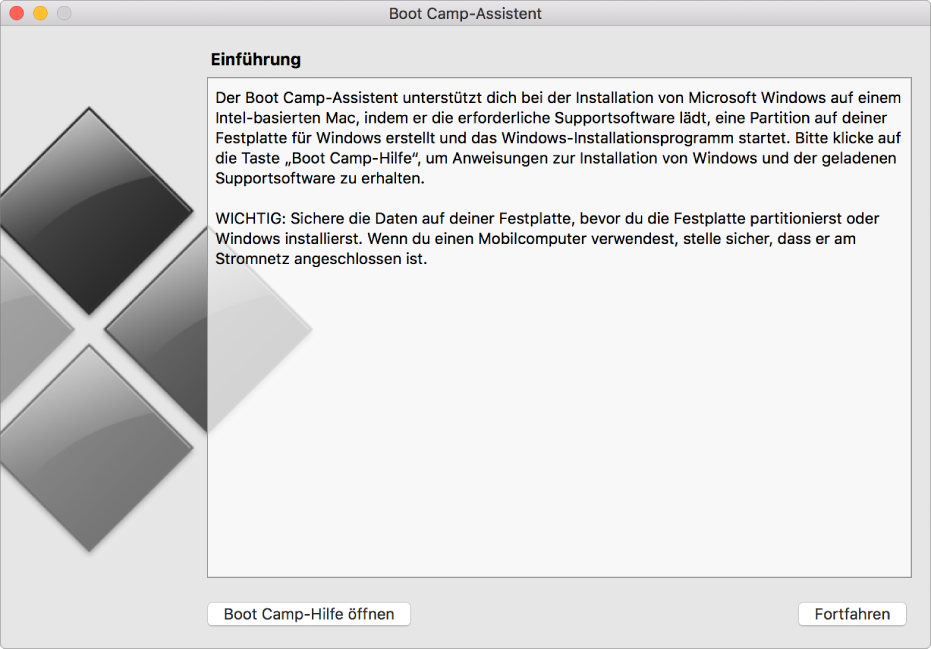 Der Boot Camp-Einführungsbildschirm mit einer Taste für die Online-Hilfe und einer Taste, um die Installation fortzusetzen.