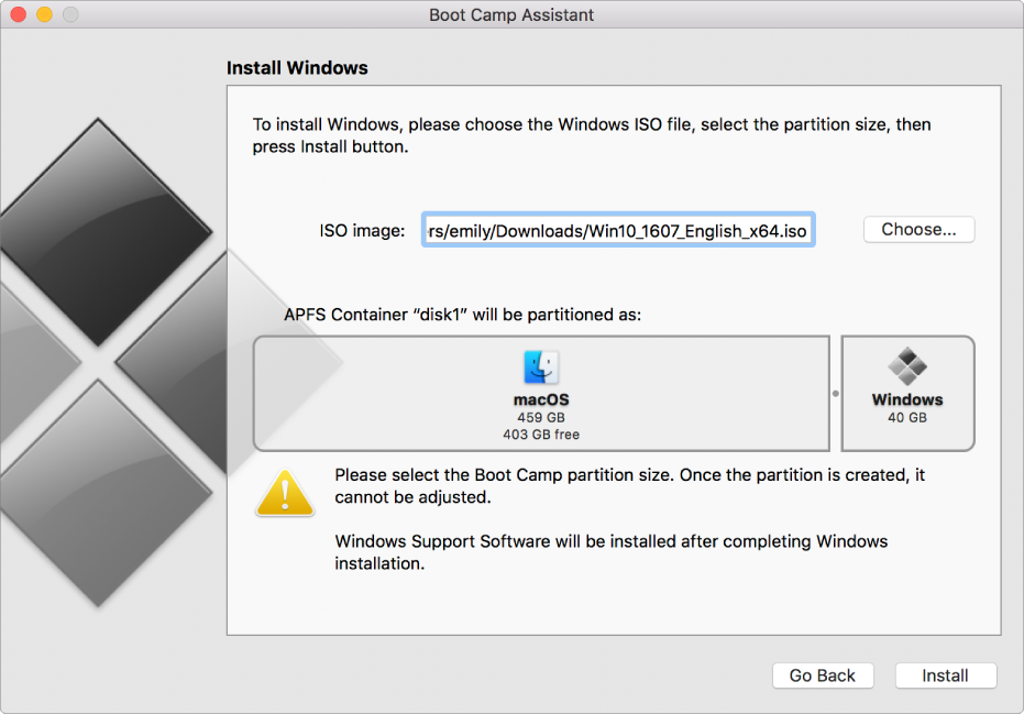 The Boot Camp Assistant installation window. At the bottom right is the Install button, and to the left of it is the Go Back button.