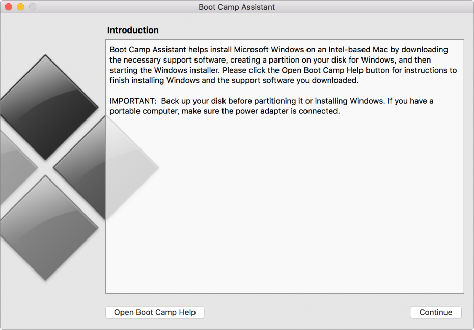 The Boot Camp introduction pane, showing a button to click for help and a button to continue with the installation.