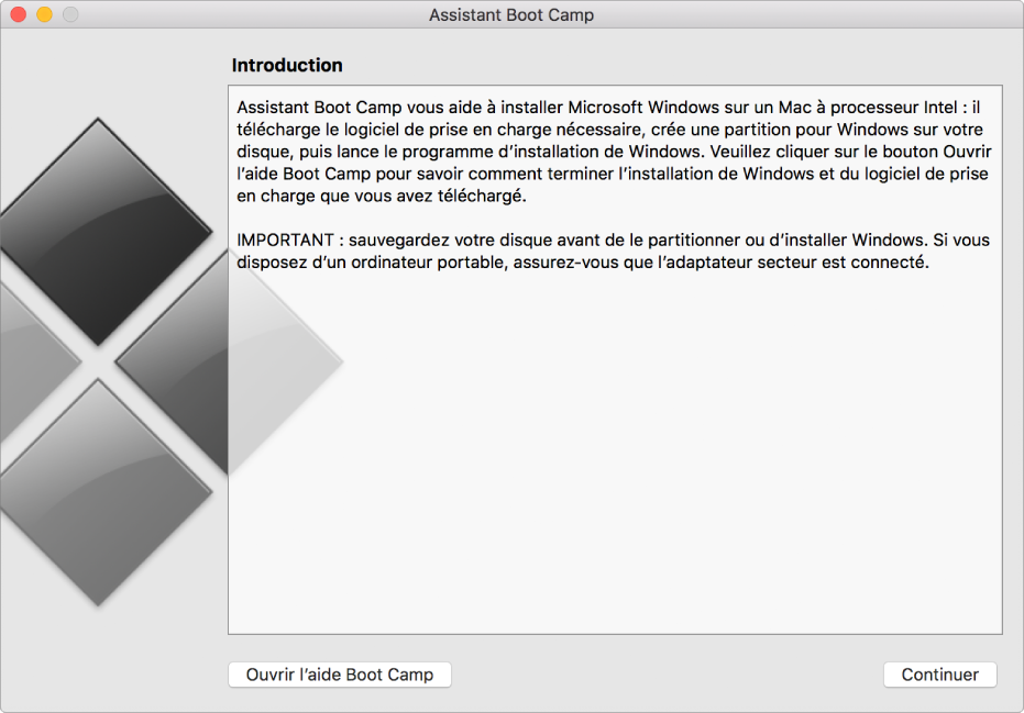 La sous-fenêtre d’introduction à Boot Camp, présentant un bouton pour accéder à l’aide et un bouton permettant de poursuivre l’installation.