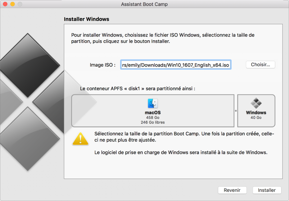 La fenêtre d’installation d’Assistant Boot Camp. Le bouton Installer se trouve en bas à droite, et le bouton Revenir se trouve à gauche.