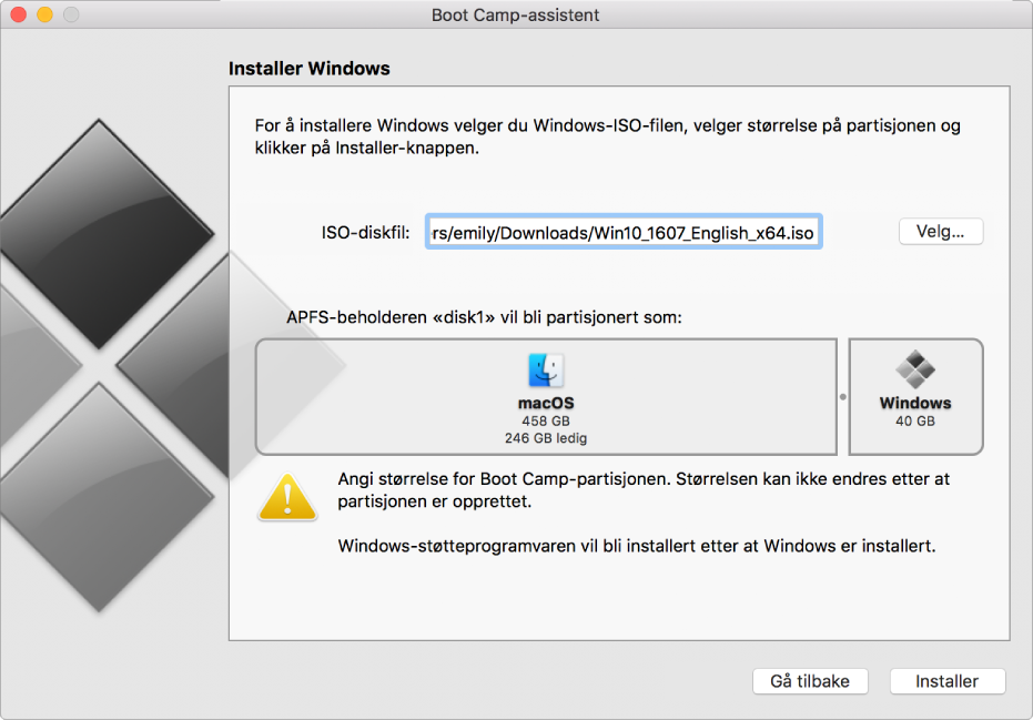Boot Camp-installeringsvinduet. Nede i høyre hjørne vises Installer-knappen, og til venstre for den vises Gå tilbake-knappen.