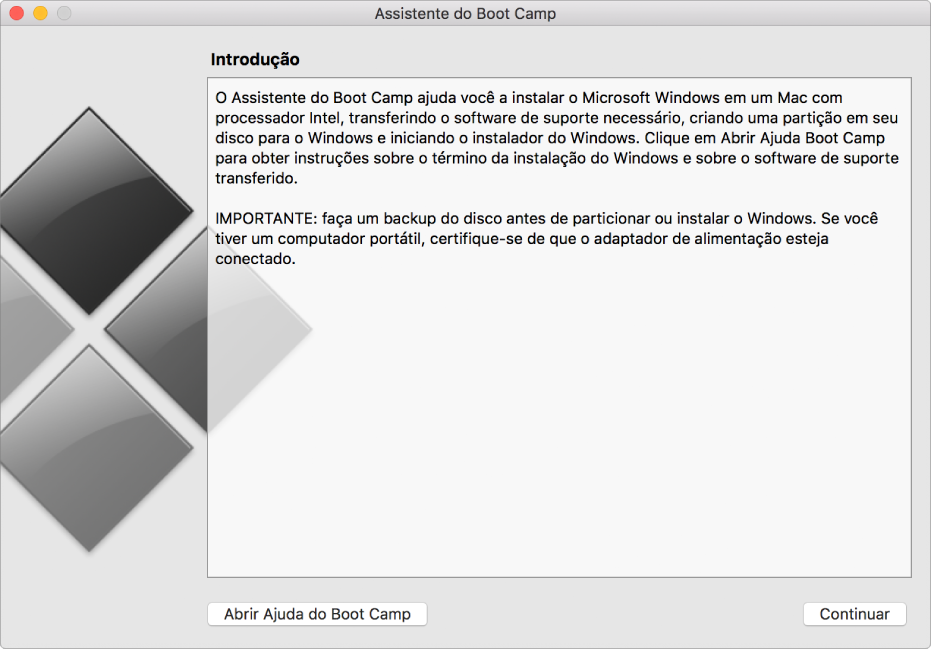Painel de introdução do Boot Camp, mostrando um botão que pode ser clicado para se obter ajuda e um botão para continuar a instalação.