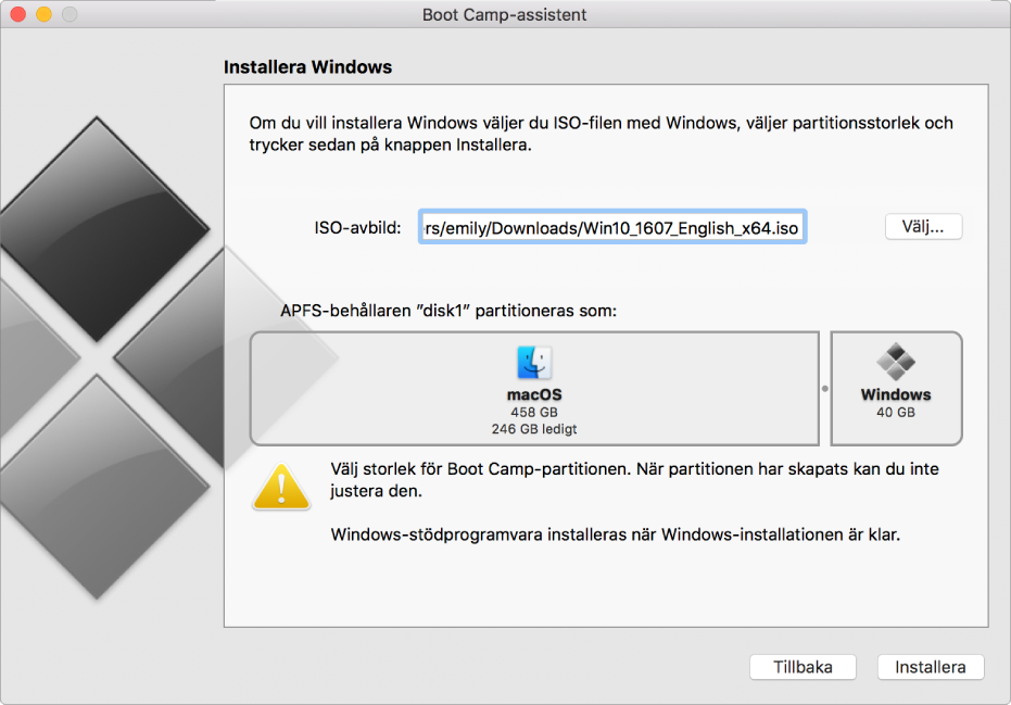 Boot Camp-assistents installationsfönster. Längst ned till höger finns knappen Installera, och till vänster finns knappen Tillbaka.