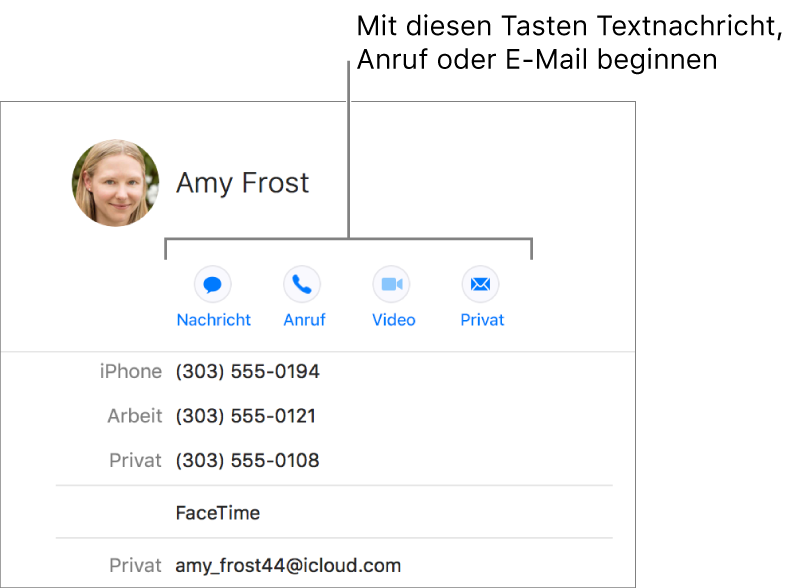 Eine Kontaktkarte mit den Tasten unter dem Namen des Kontakts Du kannst diese Tasten verwenden, um eine Textnachricht zu schreiben, einen Telefon-, Audio- oder Videoanruf zu tätigen oder eine E-Mail zu schreiben.