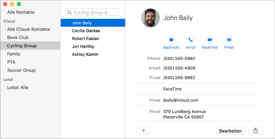 Fenster der App „Kontakte“ mit verschiedenen Gruppen in der Seitenleiste und der Taste zum Hinzufügen eines neuen Kontakts oder einer neuen Gruppe unten auf der Karte eines Kontakts