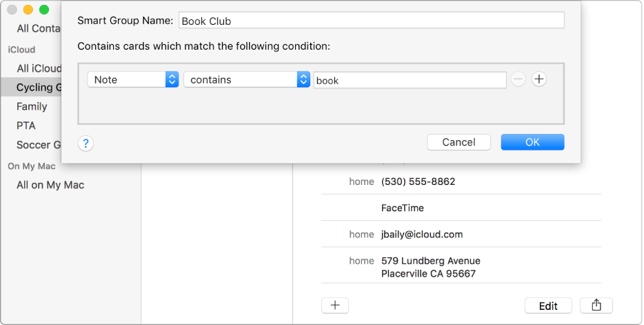 The window for adding a Smart Group, with a group named “Book Club” that includes contacts who have the word “book” in their Note field.
