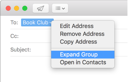 An email in Mail, showing a group in the To field and the pop-up menu showing the Expand Group command selected.