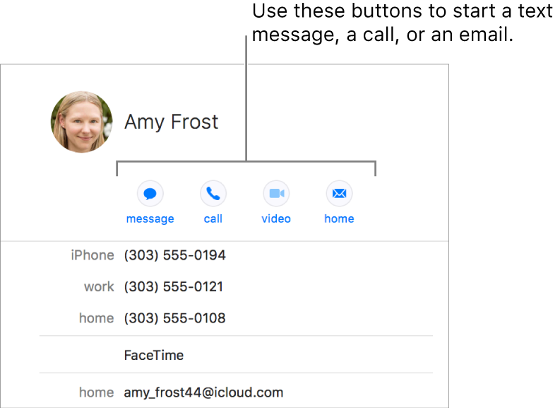 A contact card showing the buttons located below the contact’s name. You can use these buttons to start a text message, a phone, audio, or video call, or an email.