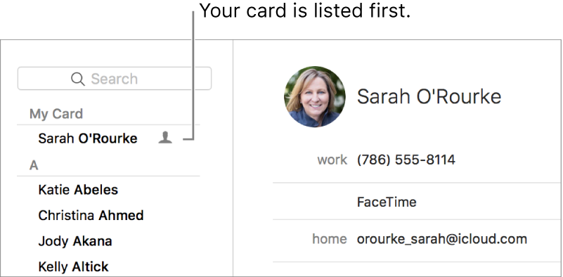 The Contacts sidebar showing the “me” card listed at the top.