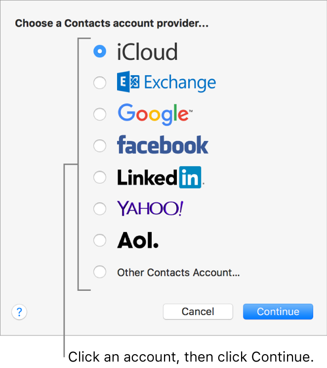 The window for adding Internet accounts to the Contacts app.