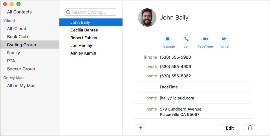 Contacts window showing the sidebar with groups such as Book Club and Cycling Group and the button at the bottom of a contact card for adding a new contact or group.