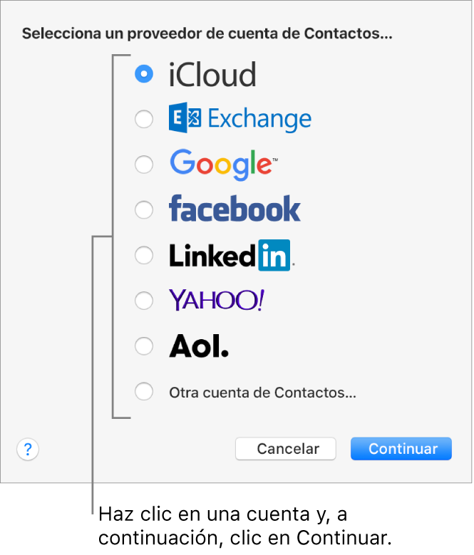 La ventana para añadir cuentas de Internet a la app Contactos.