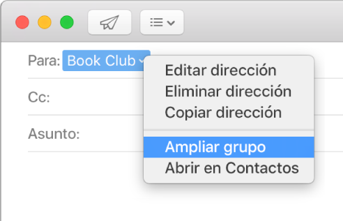 Un correo electrónico en Mail que muestra un grupo en el campo Para y el menú desplegable que muestra el comando “Ampliar grupo” seleccionado.