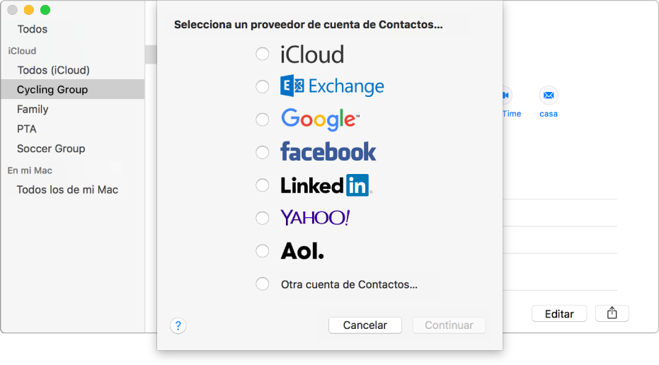 La ventana para añadir cuentas de Internet a la app Contactos.