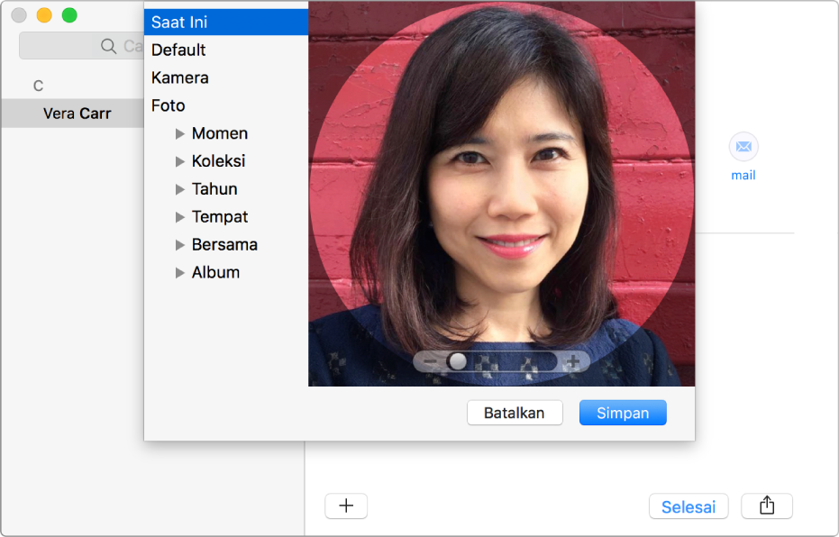 Jendela untuk menambah atau mengubah gambar kontak: di sebelah kiri adalah daftar sumber, seperti Default atau Kamera, dan di sebelah kanan adalah gambar saat ini, dengan penggeser untuk men-zoom gambar.