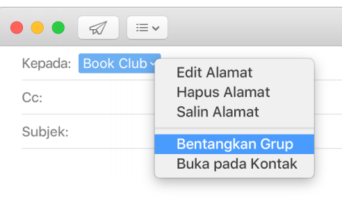 Email di Mail, yang menampilkan grup di bidang Ke dan menu pop-up yang menampilkan perintah Bentangkan Grup dipilih.