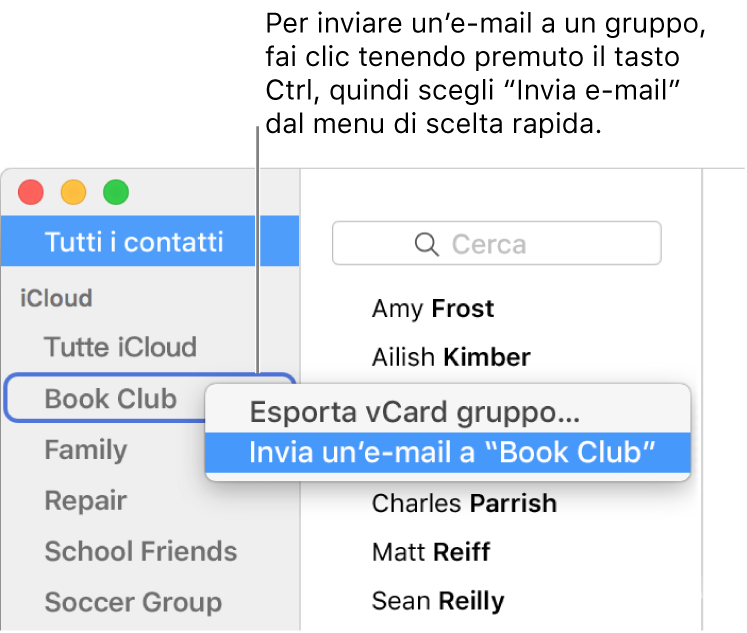 La barra laterale di Contatti con il menu a comparsa con il comando per l'invio di e-mail al gruppo selezionato.