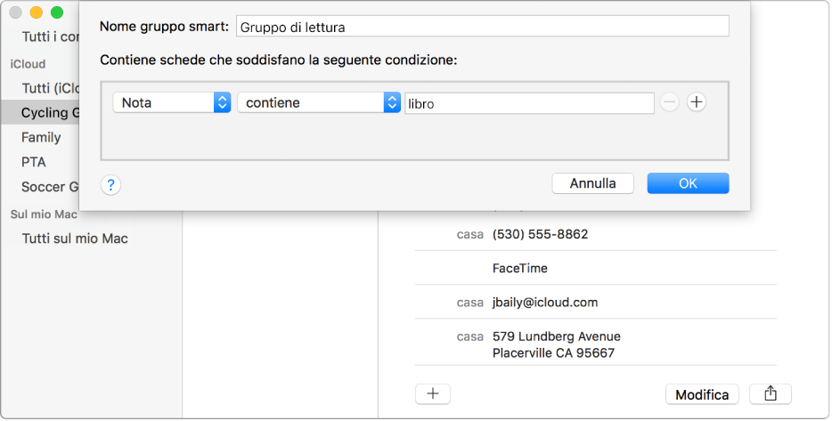 La finestra per l’aggiunta di un gruppo smart, in cui il nome del gruppo è “Circolo lettura” e comprende i contatti che presentano la parola “libro” nel campo Note della loro scheda.