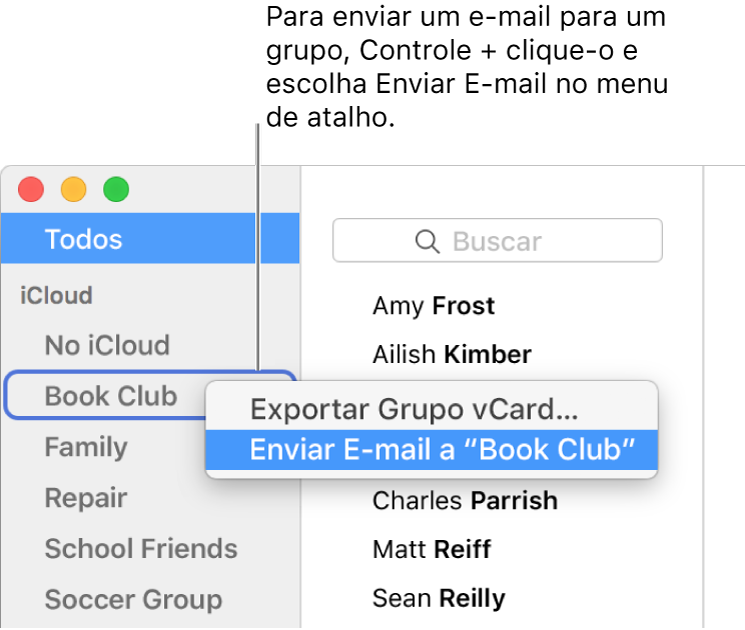 Barra lateral do Contatos mostrando o menu local com o comando para enviar um e-mail para o grupo selecionado.