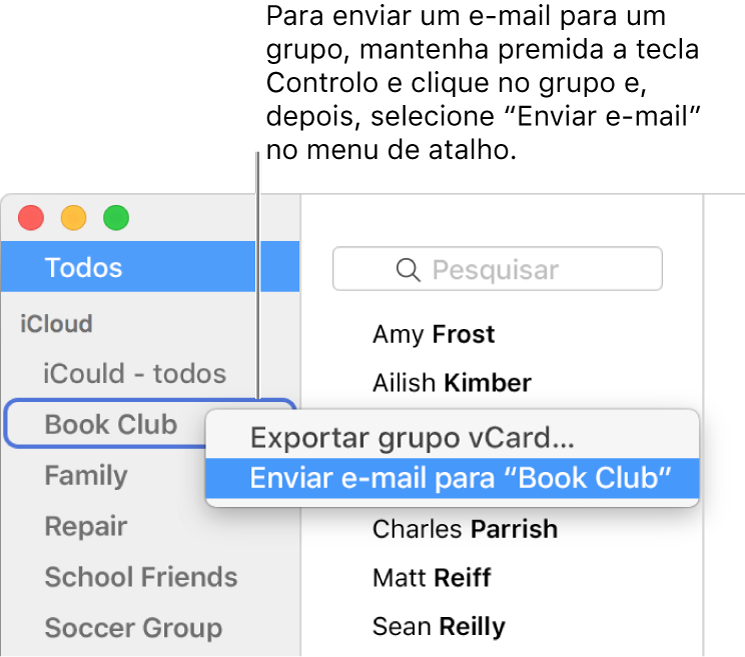 A barra lateral da aplicação Contactos a mostrar o menu pop-up com o comando para enviar um e-mail para o grupo selecionado.