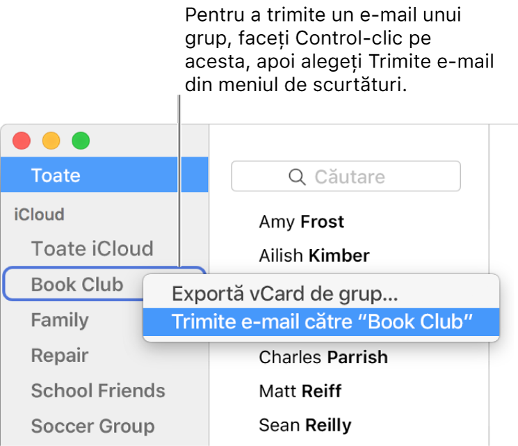 Bara laterală Contacte, afișând meniul pop-up cu comanda pentru trimiterea unui e-mail către grupul selectat.