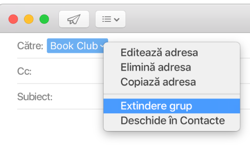 Un e-mail în aplicația Mail, afișând un grup în câmpul Către și meniul pop-up afișând comanda selectată Extindere grup.