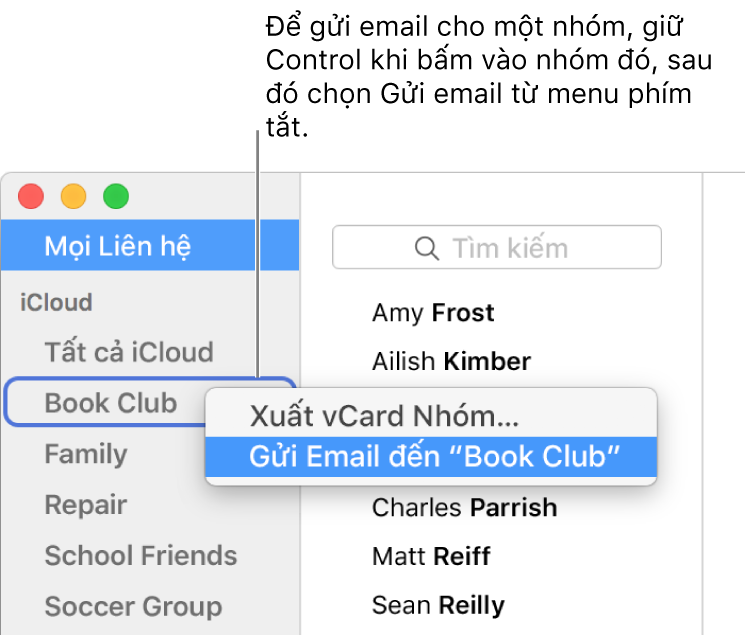 Thanh bên Danh bạ đang hiển thị menu bật lên với lệnh gửi email cho nhóm được chọn.