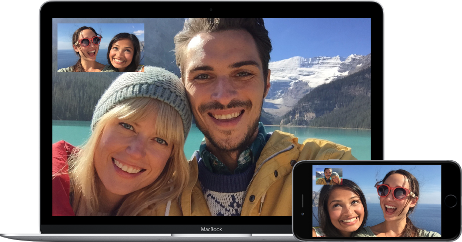 커플과 FaceTime 영상 통화를 하고 있는 두 명의 친구. 두 명의 친구는 MacBook을 사용하고 있습니다. 주 화면에 커플이 나타나 있고 화면 왼쪽 상단에는 사진 속의 사진 이미지로 두 친구가 표시되어 있습니다. 커플은 iPhone을 사용하고 있습니다. 주 화면에 친구들이 나타나 있고 상단 모서리에 커플의 모습이 표시되어 있습니다.