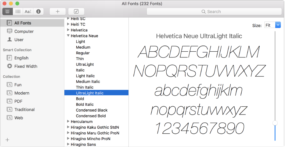 The Font Book window showing a list of fonts with one sample being previewed.