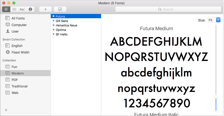 The Font Book window showing the Modern collection of fonts.